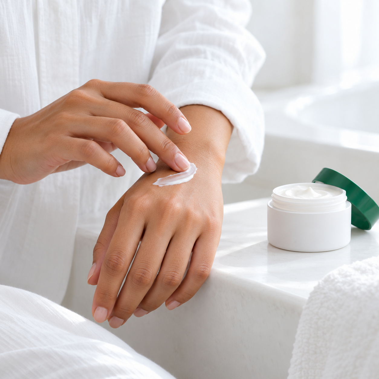 Illustration de soin du corps : application d’une crème sur les mains
