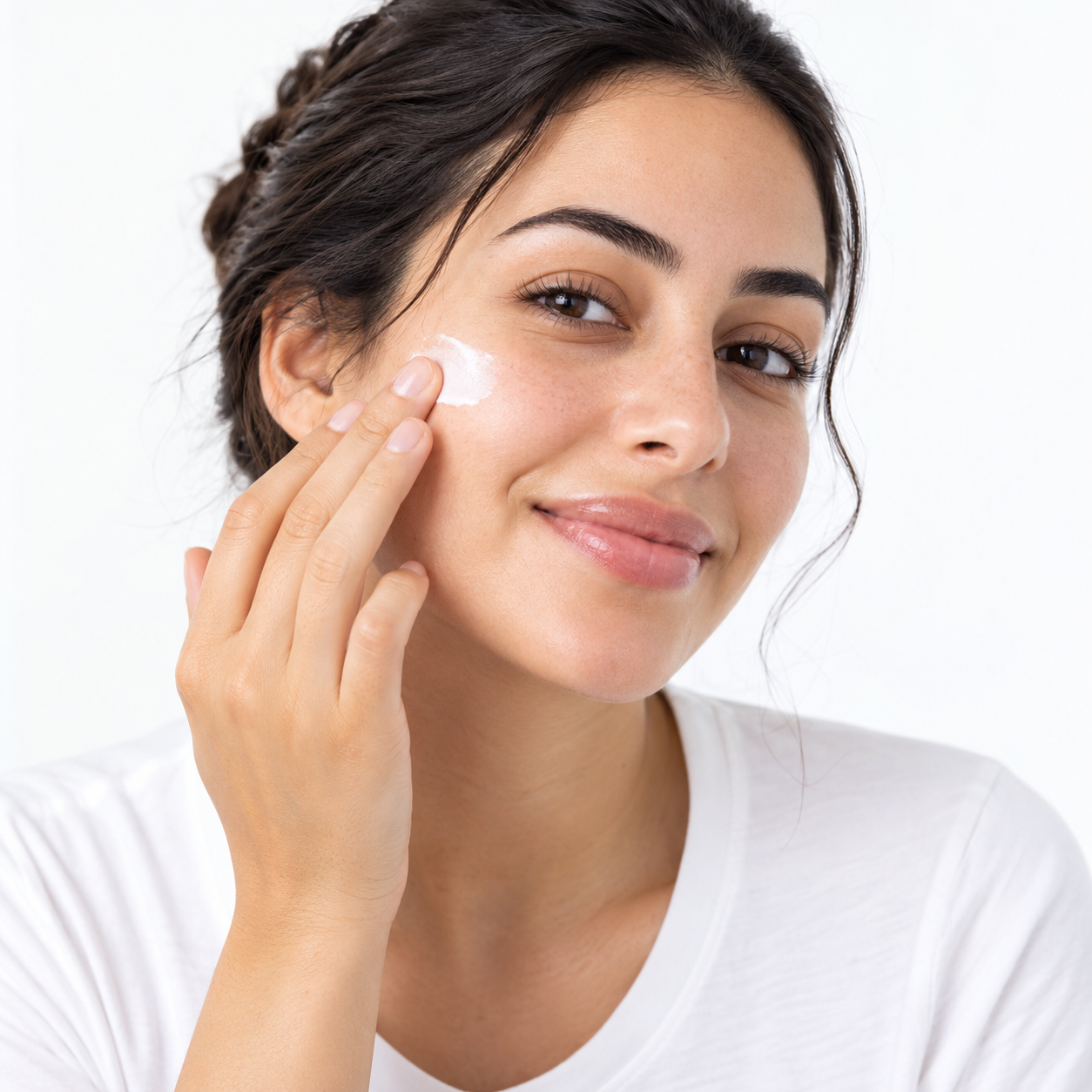 Illustration de soin du visage : application d’une crème sur la joue